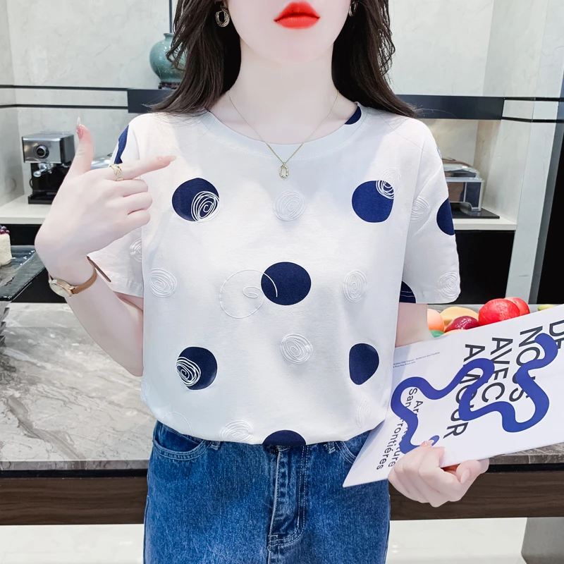 圆领短袖t恤女夏2025新款简约百搭棉质体恤宽松显瘦女士波点上衣