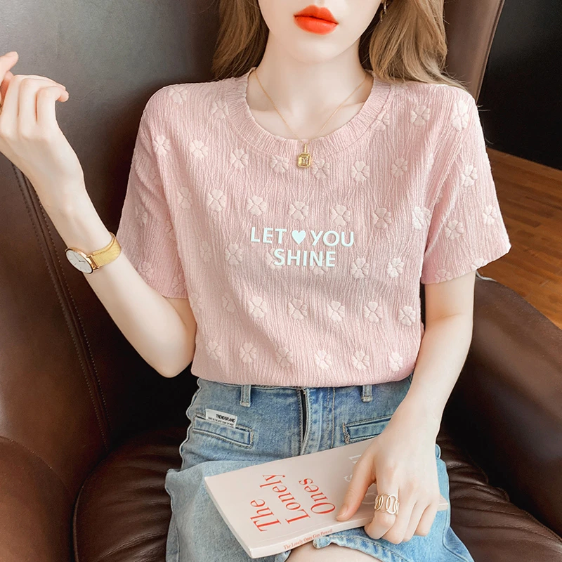 短袖女蕾丝衫时尚圆领小衫女装夏装2025新款洋气宽松字母印花上衣