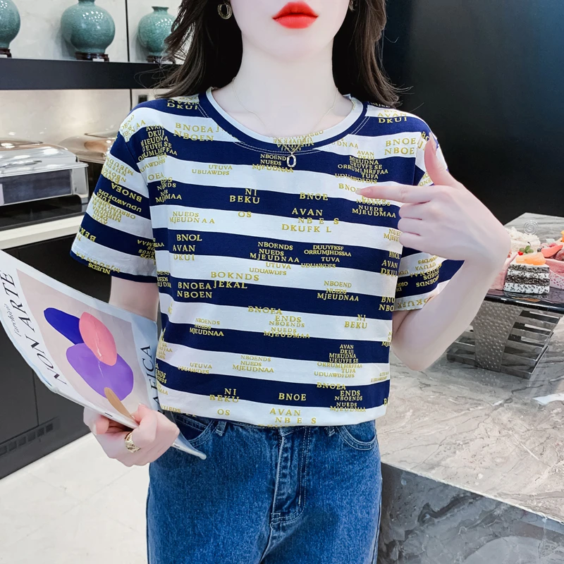 字母条纹上衣短袖女2025年新款夏装圆领宽松显瘦半袖上衣服潮ins