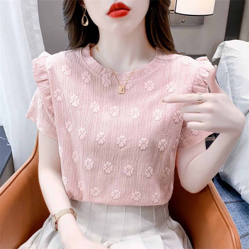 荷叶边蕾丝短袖t恤女2024新款爆款时尚洋气百搭设计感小众ins上衣