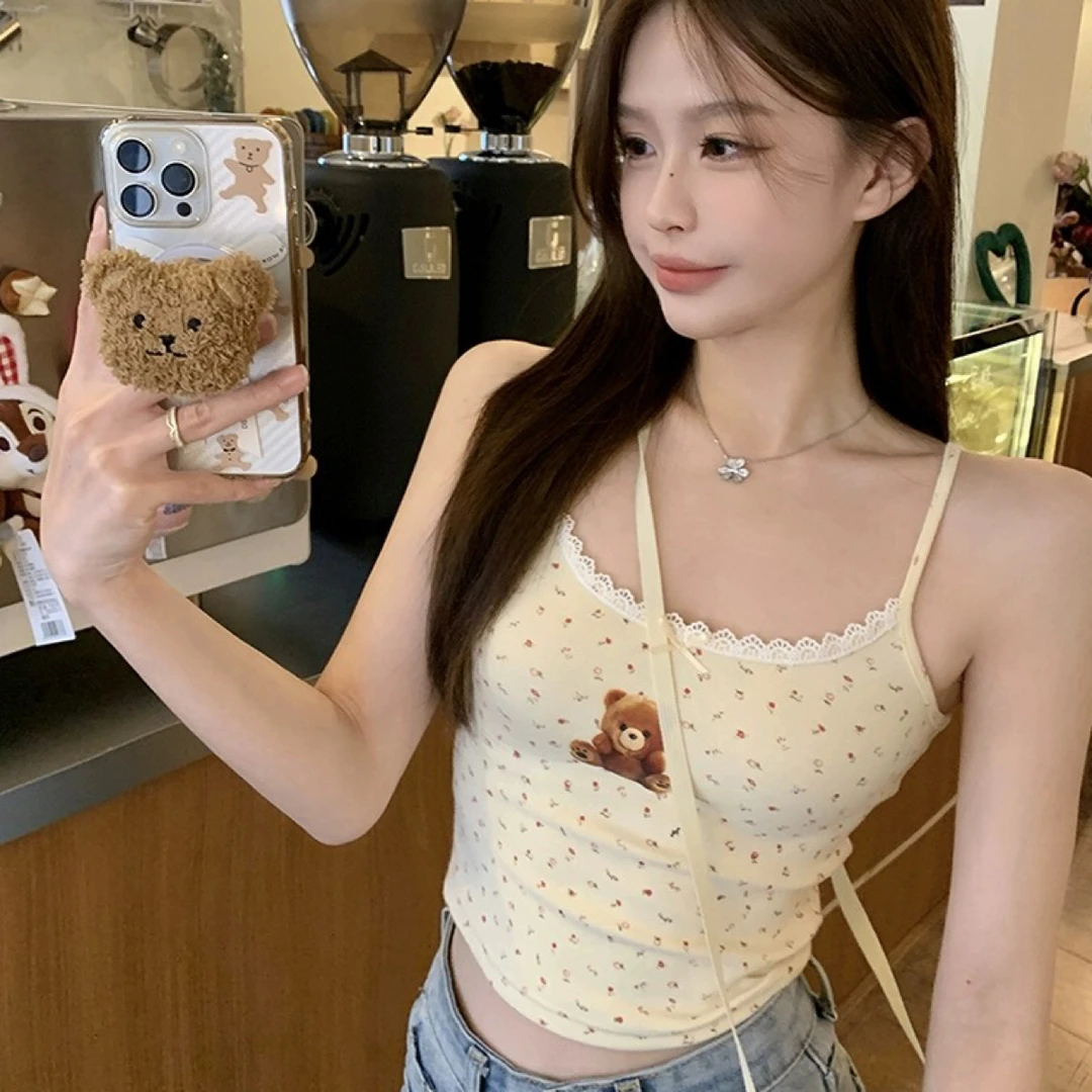 2025新款韩系清新碎花小熊印花上衣吊带