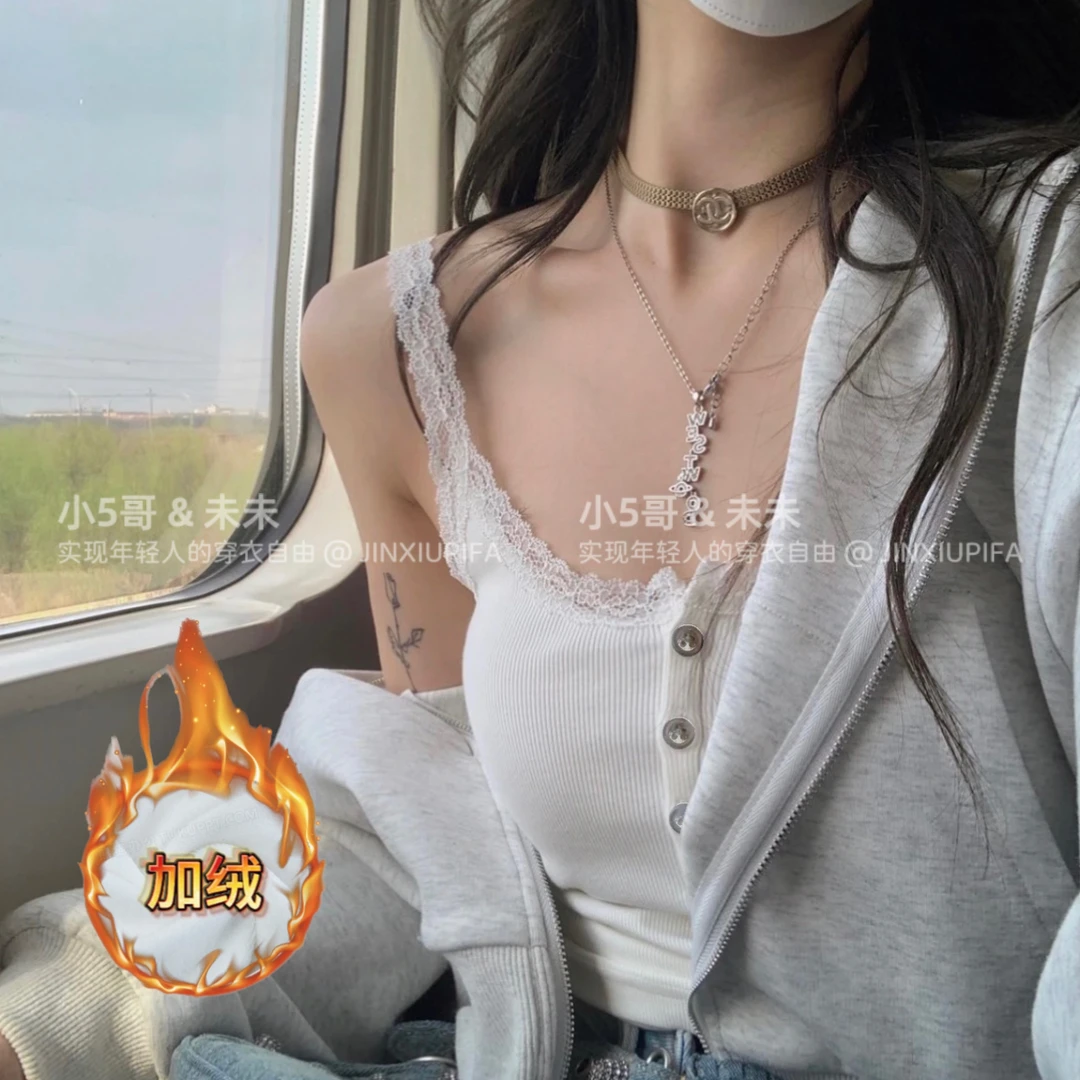 新款加绒小背心加厚蕾丝肩带百搭保暖打底背心ins上衣短款韩版307