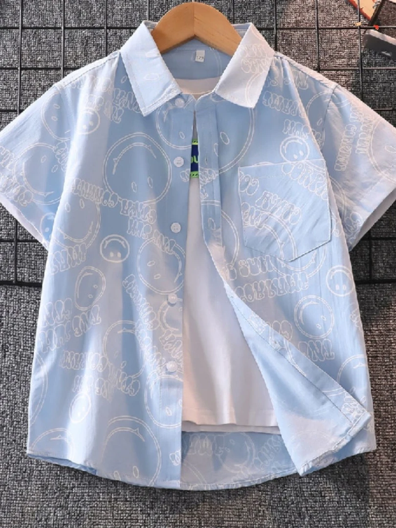 男童棉短袖衬衫2024夏装新款中大童男孩洋气衬衣夏装衣服帅气韩版