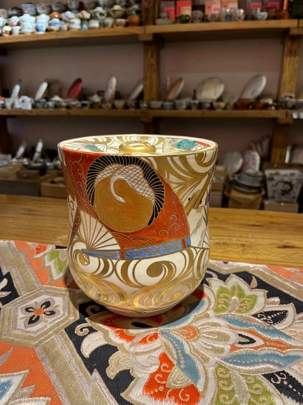 九谷烧罐手绘赤绘描金仙鹤扇面纹水指手工对杯绿色存茶罐开片