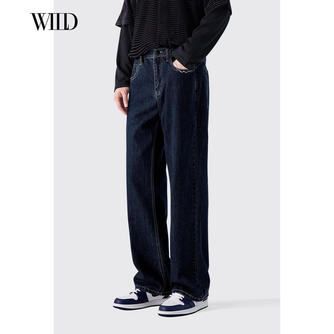 阔腿牛仔裤男秋冬厚款ins潮牌高级复古水洗阔腿裤宽松直筒休闲裤