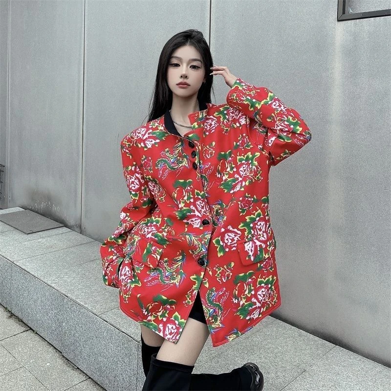 红色的外套双面两穿西装小众个性东北大花印花中山装外套男女复古