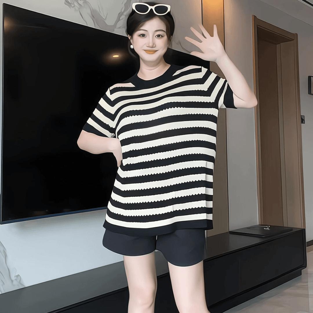 【B40】夏季黑杏条纹镂空上衣+托腹短裤孕妇装两件套