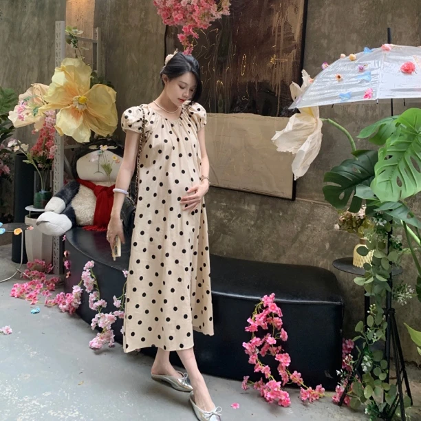 【B92】孕妇夏季短袖连衣裙减龄波点印花宽松A摆大码孕妇裙
