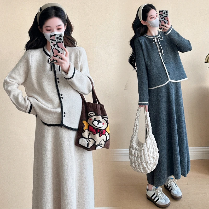 孕妇装春秋新款加厚设计感气质韩显瘦开衫+针织半身裙减龄二件套