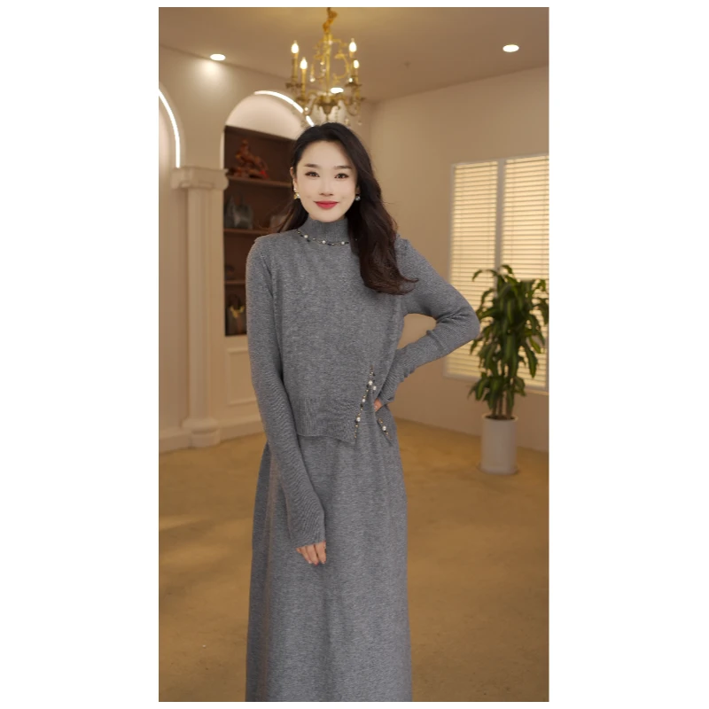 L169#马甲两件套连衣裙女2024年秋冬新款针织毛衣套装礼服裙子