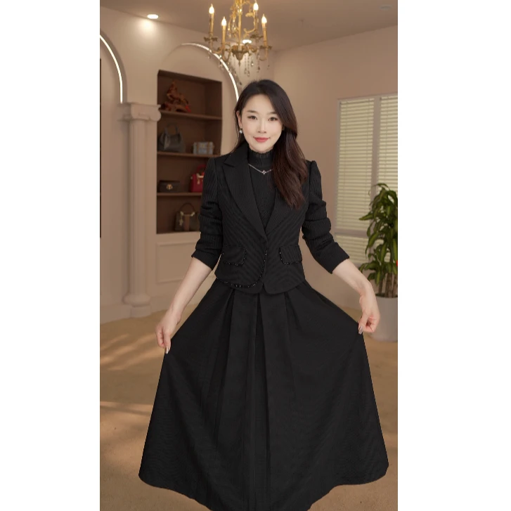 A042#春秋季新款西装领套装裙黑色穿搭时尚气质显瘦轻奢连衣裙