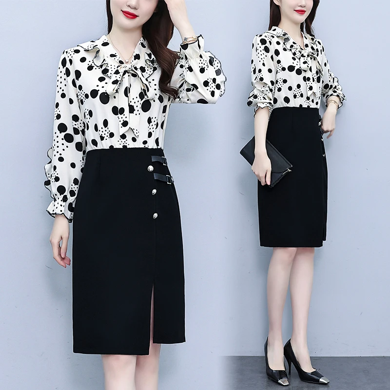 2882#长袖波点女装连衣裙时尚气质百搭高腰显瘦印花减龄洋气裙