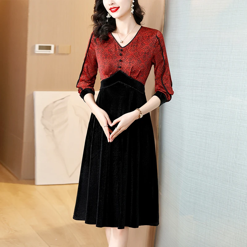 3155#气质金丝绒女装连衣裙春秋季新款假两件修身收腰高级感裙子