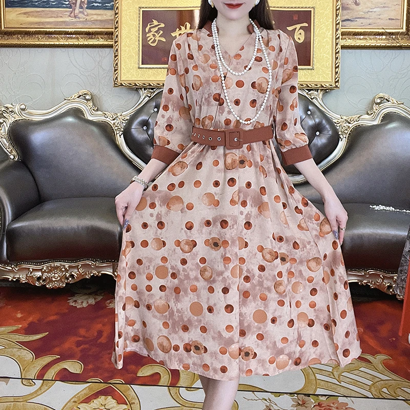 9866#时尚优雅减龄法式连衣裙新款波点修身气质显瘦收腰长裙
