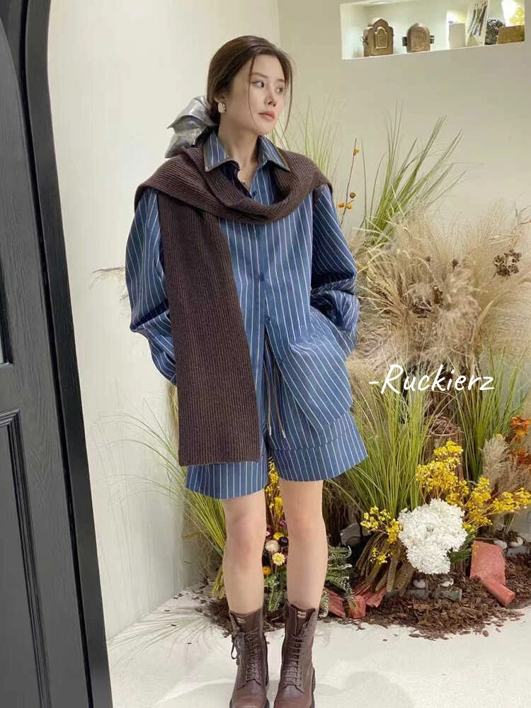 11.11活动-Ruckierz设计师极简韩风气质素人条纹复古配色衬衣套装