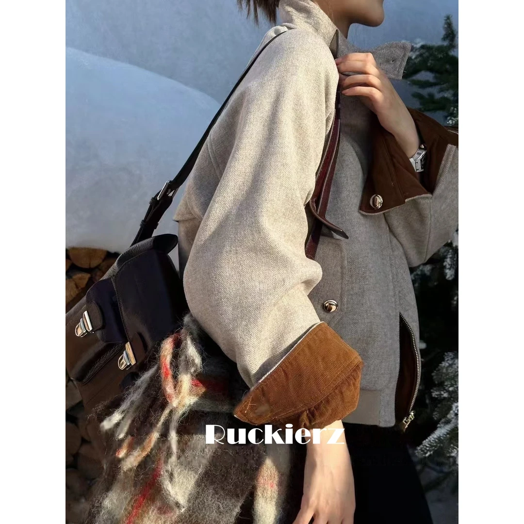 Ruckierz气质极简风羊毛高密小立领拉链双面穿夹克毛呢外套棉服