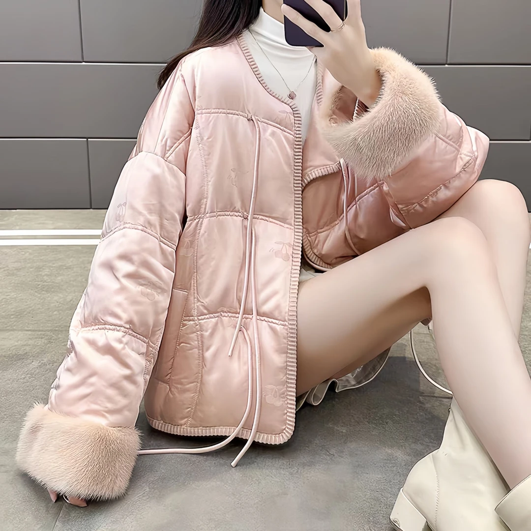 Ruckierz新中式千金风高端减龄款水貂毛斜系带羽绒服#8052