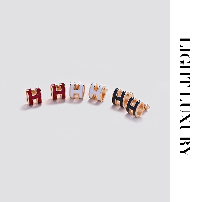 合金珐琅耳饰 V金工艺字母H耳钉 气质