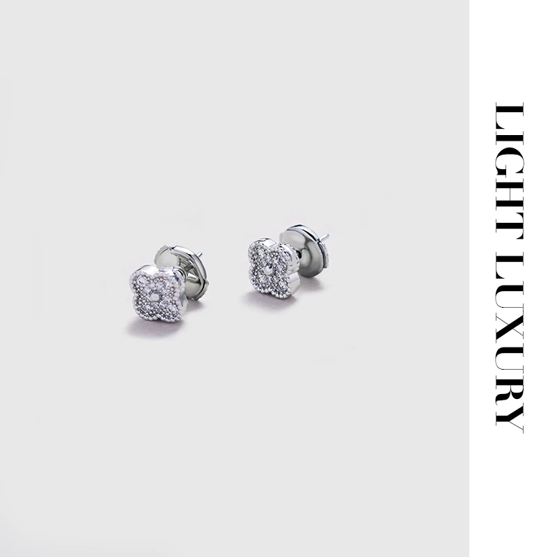 铜合金合成锆石耳饰 361 CNC工艺四叶花 迷你 耳钉  耳环女