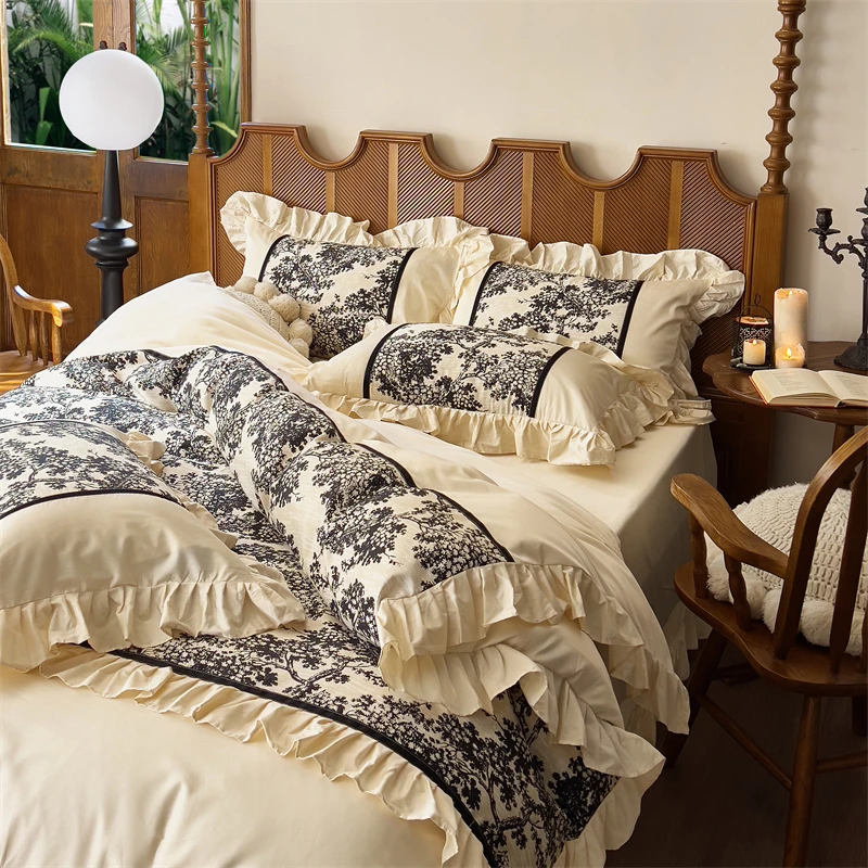 法式公主风100支长绒棉四件套全棉纯棉印花被套床单花边床上用品4