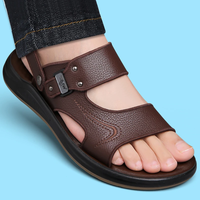 头层牛皮2024大码男士男款休闲夏季透气软底沙滩舒适外穿时尚厚底