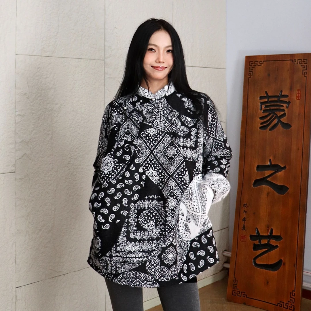 【蒙之艺】黑色腰果花毛衣休闲版型蒙古族元素斜襟上衣外套