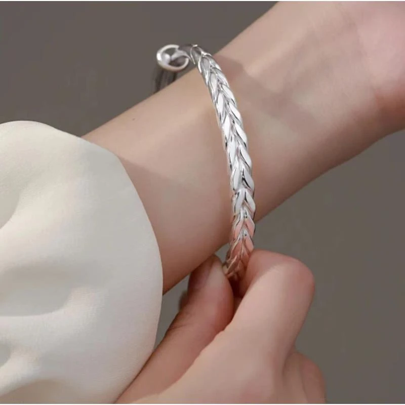 足银银制品 足银999.9麦穗推拉足银手镯实心气质百搭可调节（629）