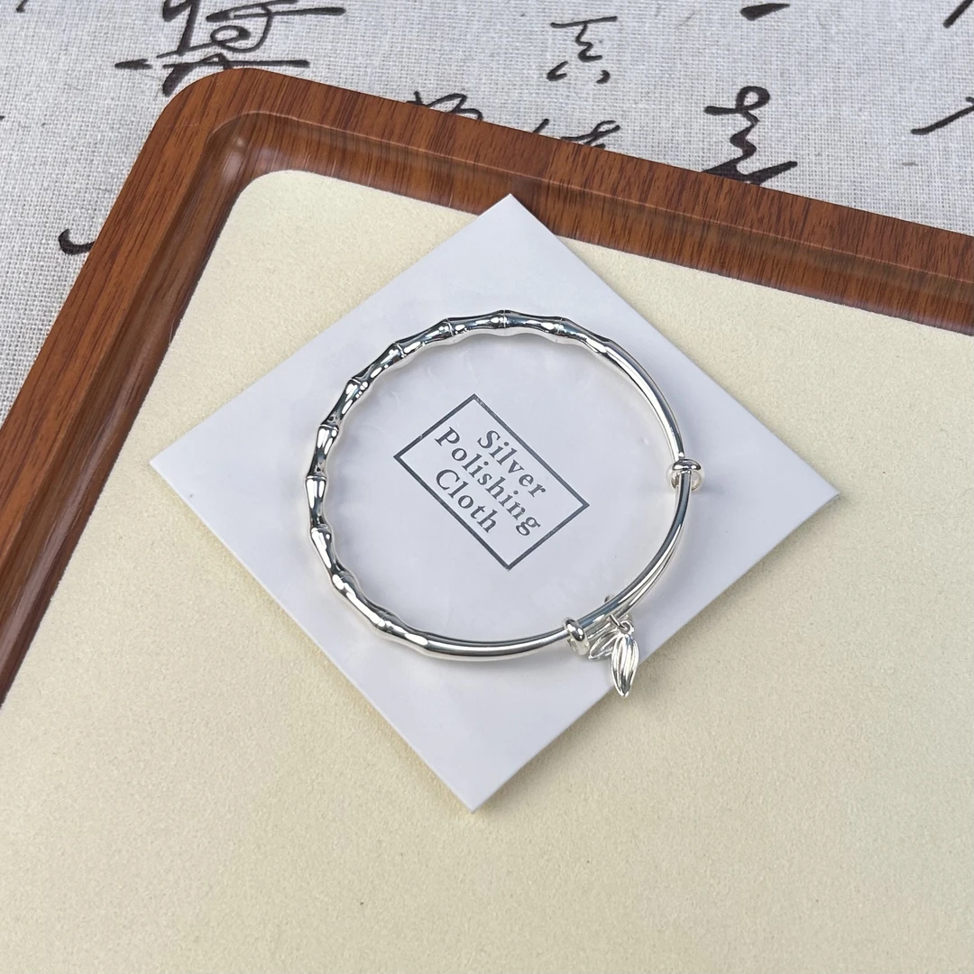 足银银制品 足银999.9推拉竹节叶子银手镯年轻款简约气质（611）