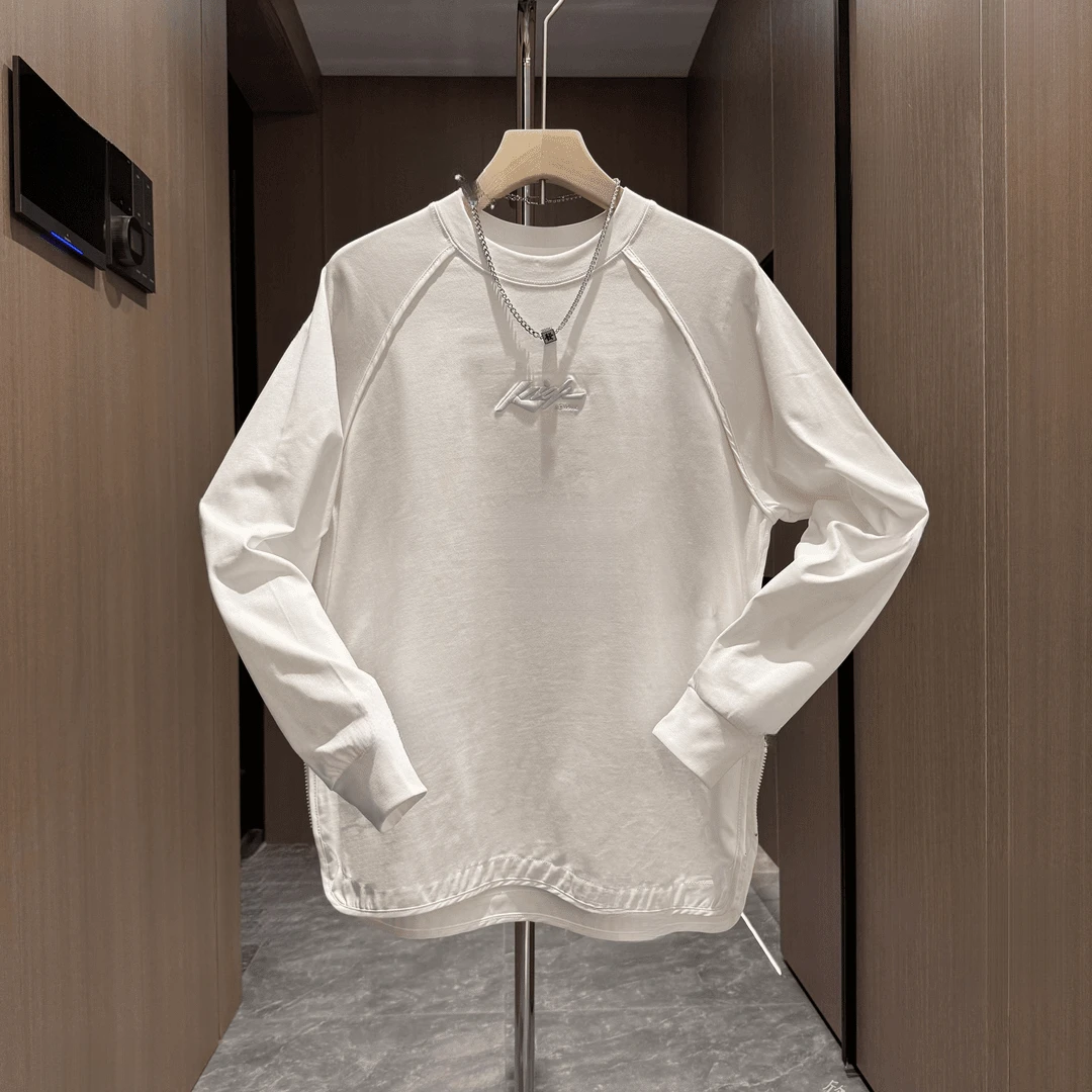 秋季设计师风包边拼接侧拉链刺绣纯色T恤潮流时尚百搭圆领设卫衣