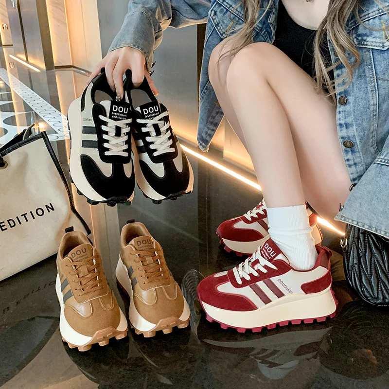 复古拼色休闲老爹鞋女鞋2024秋款阿甘鞋系带厚底增高跑步鞋百搭
