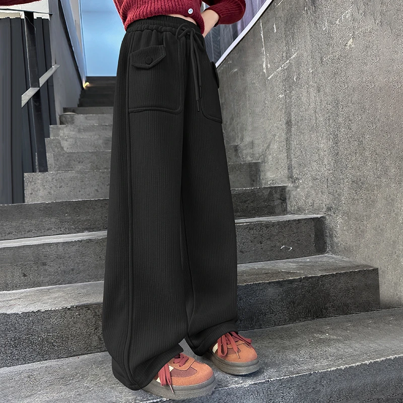 女童加绒裤子2024新款儿童秋冬一体绒外穿宽松大童冬季加厚阔腿裤
