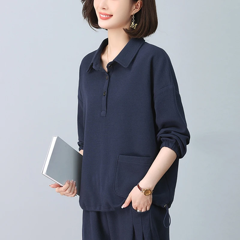 藏青色翻领短款卫衣女2023春秋季新款中年妈妈小个子薄款洋气上衣