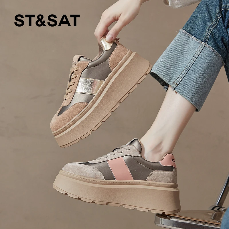 星期六复古松糕底德训鞋女2025新款夏季时尚百搭厚底增高休闲板鞋