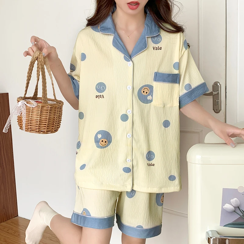 夏季新款薄款加大码宽松皱布针织棉女士睡衣甜美韩版家居服套装