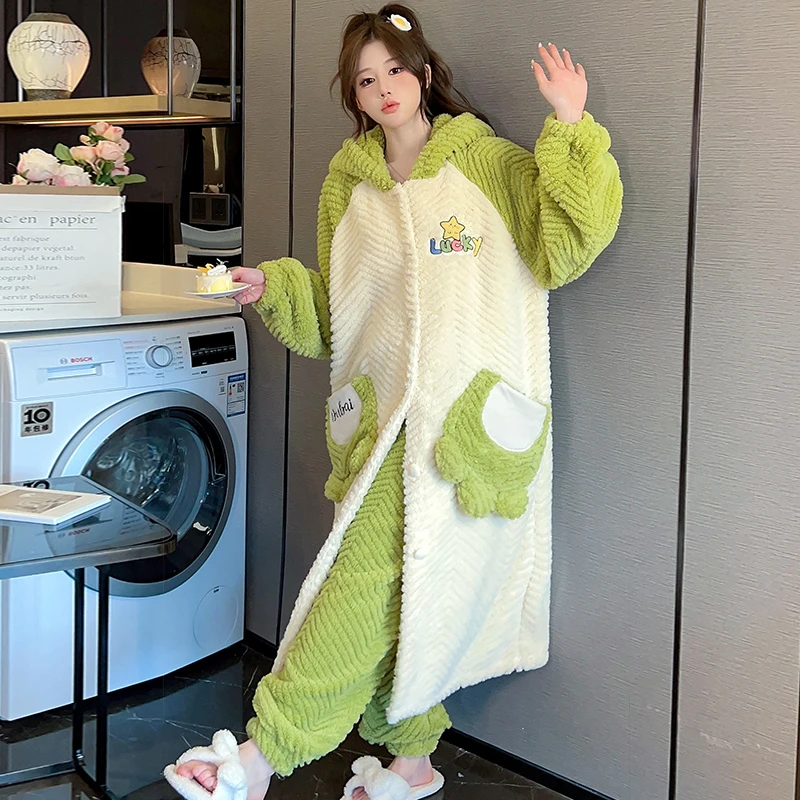 睡衣女长毛绒睡袍大码冬季卡通甜美宽松中长款家居服加绒加厚连帽