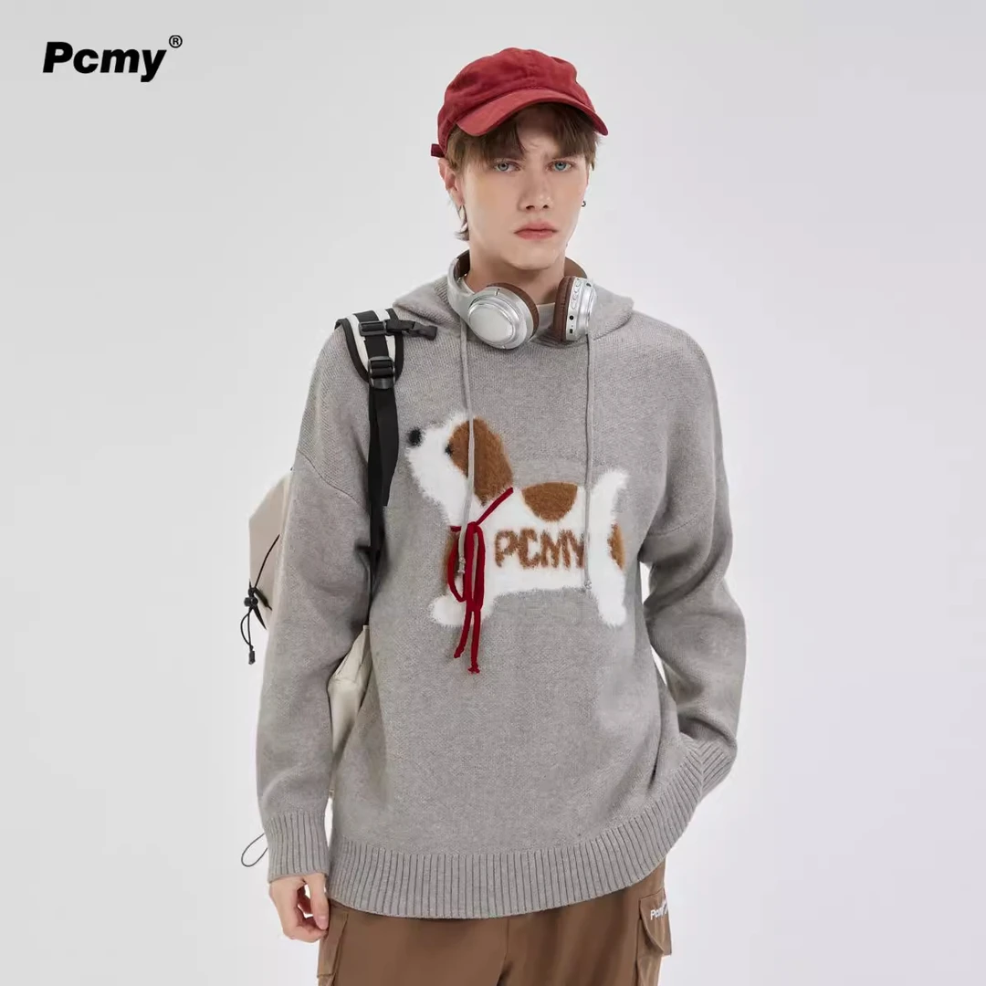 PCMY围脖小狗陈添祥同款潮牌针织衫连帽男女情侣装高级感慵懒毛衣
