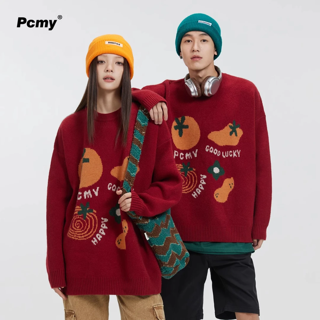 PCMY心想事橙红色毛衣潮牌2025新年复古圆领情侣装秋冬宽松针织衫