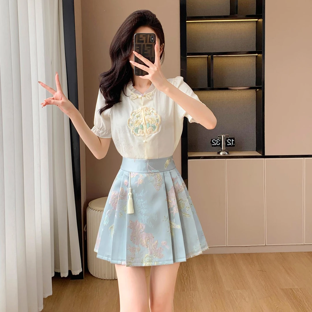 新中式国风套装女小个子穿搭刺绣短袖上衣提花百褶短裙气质两件套