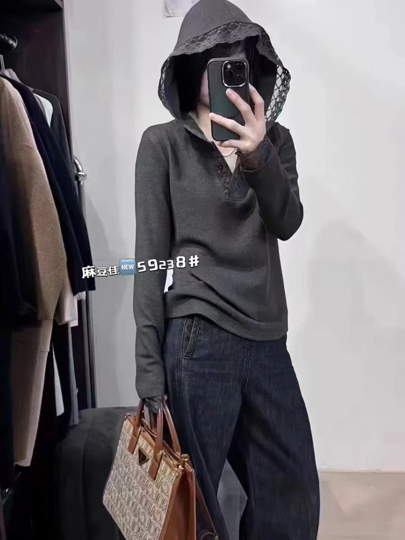 纯色拼接蕾丝连帽T恤女时尚百搭套头上衣