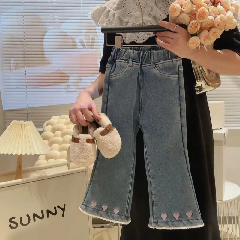 女童牛仔裤秋冬儿童加绒喇叭裤中小童女孩韩版洋气修身加厚裤子潮
