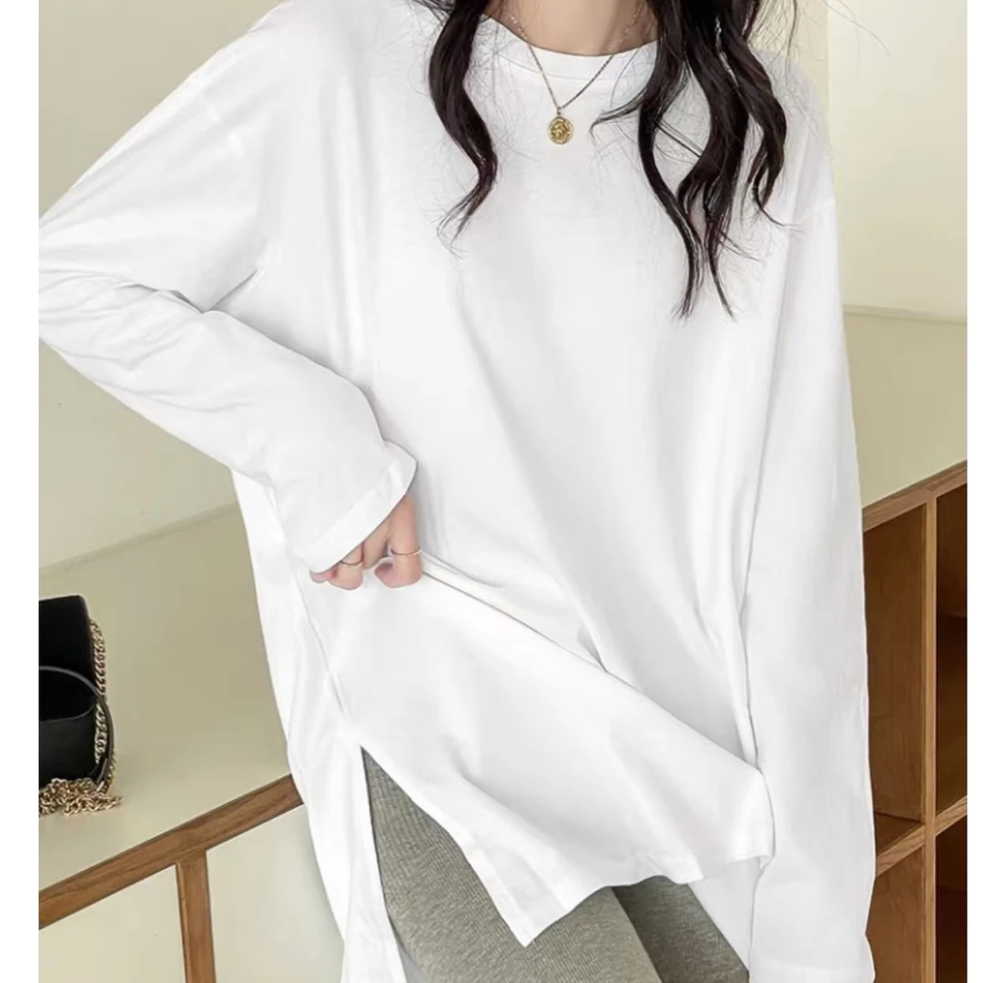 【吴姐定制】T004秋冬休闲百搭女士开叉长T恤