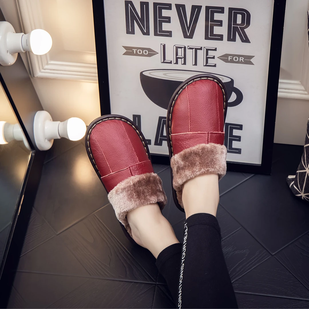 海宁冬季保暖男女真皮牛皮软底居家防滑平底拖鞋毛拖包头加厚