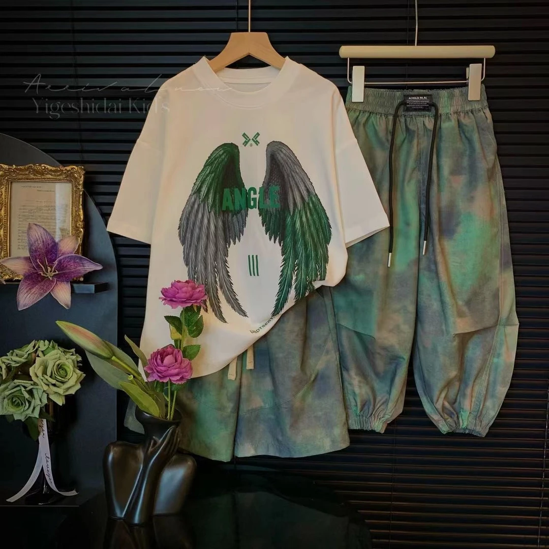 【现货】儿童天使之翼短袖韩版洋气男童夏季短裤长裤T恤套装YG6107