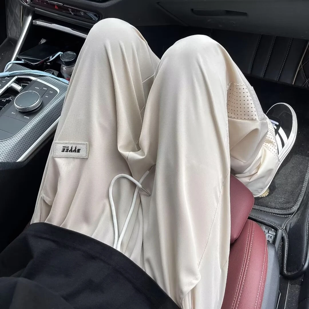 男士冰丝裤子夏季薄款阔腿裤宽松情侣休闲裤垂坠感百搭透气网眼