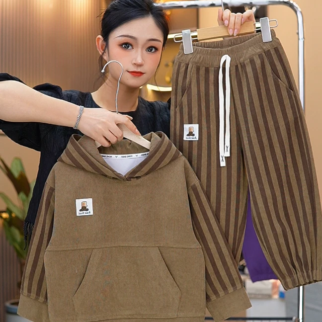 2024男女童【加绒加厚】长袖套装洋气连帽休闲条纹百搭时尚宽松