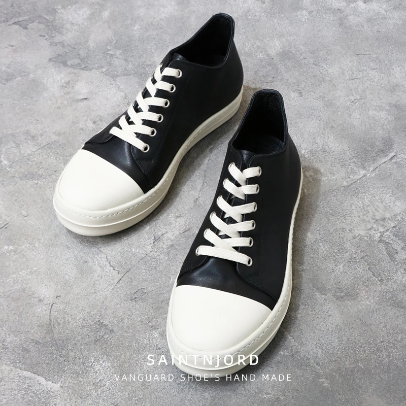 简约百搭时尚手工板鞋真皮运动休闲鞋男士大头软底黑白皮鞋