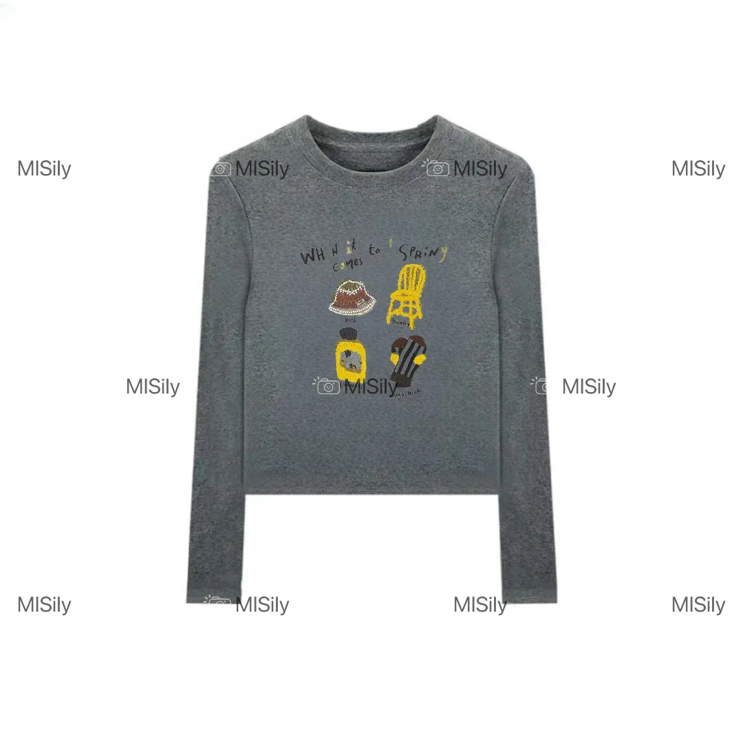MISiLy 加绒打底衫女秋冬修身显瘦磨毛卡通印花长袖t恤内搭上衣