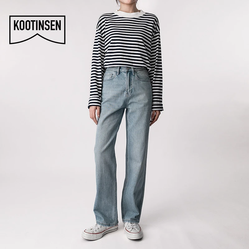 古田森【浅蓝无弹直筒裤】2025春夏高腰显瘦休闲复古宽松百搭牛仔裤