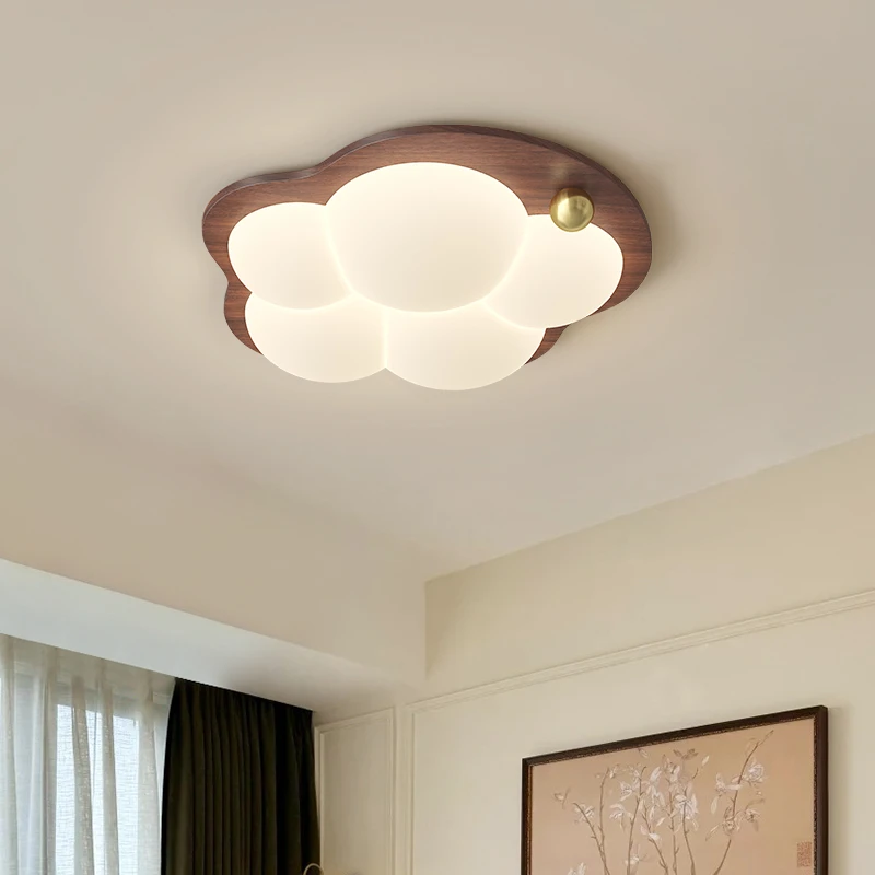 创意木纹卧室吸顶灯复古胡桃木色中古风护眼灯原木奶油儿童房间灯