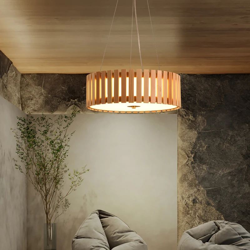 日式原木吊灯实木LED餐厅灯圆形榻榻米卧室茶室客厅和式书房灯具